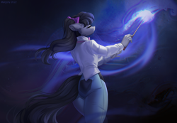 Size: 1738x1206 | Tagged: safe, artist:margony, octavia melody, earth pony, anthro, g4, ass, bow, butt, clothes, eyes closed, female, hair bow, jeans, magic wand, pants, solo, treblebutt