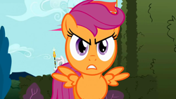 Size: 1280x720 | Tagged: safe, screencap, scootaloo, pegasus, pony, g4, season 2, the return of harmony, angry, canterlot hedge maze, cute, cutealoo, female, filly, foal, gritted teeth, hedge maze, looking at you, madorable, maze, narrowed eyes, reaction image, solo, spread wings, teeth, wings