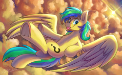 Size: 4565x2800 | Tagged: safe, artist:kaylerustone, oc, oc only, oc:sky, pegasus, pony, cloud, commission, flying, looking at you, male, spread wings, stallion, sunset, tongue out, underhoof, wings