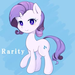 Size: 811x810 | Tagged: safe, artist:auntie_grub, rarity, pony, unicorn, g4, blue background, female, horn, looking at you, mare, simple background, solo