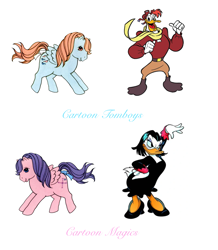 Size: 1411x1617 | Tagged: safe, edit, north star (g1), wind whistler, bird, duck, pegasus, pony, g1, blue text, clothes, comparison, crossover, disney, ducktales, female, launchpad mcquack, magica de spell, magician, male, mare, pilot, pink text, scarf, shoes, simple background, text, white background