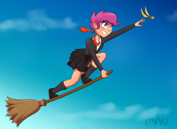 Size: 1200x880 | Tagged: safe, artist:empyu, scootaloo, human, equestria girls, g4, broom, clothes, cloud, crossover, female, flying, flying broomstick, harry potter (series), mary janes, miniskirt, pleated skirt, quidditch, scootaloo can fly, shoes, skirt, skirt lift, skirtaloo, sky, socks, solo, warner brothers, wizard