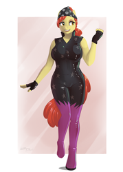 Size: 900x1260 | Tagged: safe, artist:lemondevil, apple bloom, earth pony, anthro, unguligrade anthro, g4, bandana, breasts, busty apple bloom, clothes, fingerless gloves, gloves, latex, older, older apple bloom, outfit, show stopper outfits, solo