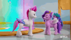 Size: 1280x720 | Tagged: safe, screencap, izzy moonbow, pipp petals, zipp storm, pegasus, pony, unicorn, g5, my little pony: make your mark, my little pony: make your mark chapter 1, spoiler:g5, spoiler:my little pony: make your mark, 3d, angry, animated, confession, earth pony crystal, female, gasp, gasping, headband, lighthouse, logo, looking at each other, looking at someone, mare, netflix, netflix logo, pegasus crystal, smiling, sound, talking, unicorn crystal, watermark, webm, wings, youtube link