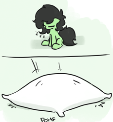 Size: 618x666 | Tagged: safe, artist:plunger, oc, oc only, oc:filly anon, earth pony, pony, 2 panel comic, chest fluff, comic, earth pony oc, eyes closed, female, filly, foal, mare, onomatopoeia, pillow, pillow fight, pomf, simple background, sitting, sleeping, solo, sound effects, zzz