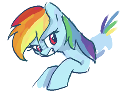 Size: 432x328 | Tagged: safe, artist:plunger, rainbow dash, pegasus, pony, bust, female, gritted teeth, looking back, mare, open mouth, open smile, simple background, smiling, solo, teeth, white background