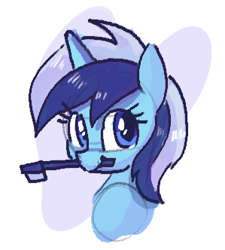 Size: 299x332 | Tagged: safe, artist:plunger, minuette, pony, unicorn, abstract background, bust, cute, female, holding, looking up, mare, mouth hold, smiling, solo, toothbrush
