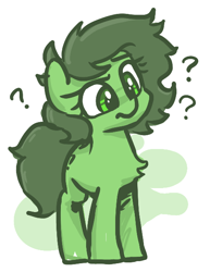 Size: 466x604 | Tagged: safe, artist:plunger, oc, oc only, oc:filly anon, earth pony, pony, abstract background, chest fluff, confused, earth pony oc, eyebrows, female, filly, foal, full body, question mark, raised eyebrow, solo, standing