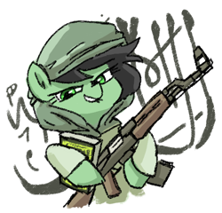 Size: 500x479 | Tagged: safe, artist:plunger, oc, oc only, oc:filly anon, earth pony, pony, ak-47, arabic, assault rifle, book, clothes, earth pony oc, female, filly, foal, gun, hat, holding, hoof hold, looking at you, open mouth, rifle, simple background, solo, teeth, text, weapon, white background