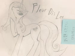 Size: 1024x767 | Tagged: safe, artist:auntie_grub, fleur-de-lis, pony, unicorn, g4, female, horn, japanese, mare, raised hoof, solo, traditional art