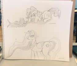 Size: 1024x876 | Tagged: safe, artist:auntie_grub, gummy, pinkie pie, princess celestia, alicorn, alligator, earth pony, pony, g4, female, horn, looking at someone, mare, tongue out, traditional art, wings