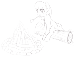 Size: 1300x1000 | Tagged: safe, artist:thebatfang, oc, oc only, oc:s'mare, earth pony, pony, butt freckles, campfire, cute, earth pony oc, female, fire, food, freckles, grayscale, log, mare, marshmallow, monochrome, mouth hold, roasted marshmallow, simple background, sitting, solo, stick, white background