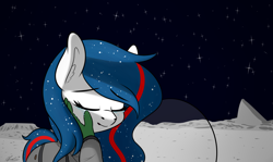 Size: 2181x1299 | Tagged: safe, artist:seafooddinner, oc, oc only, oc:anon, oc:nasapone, earth pony, human, pony, clothes, crying, ear fluff, earth pony oc, eyes closed, female, hand, mare, space, spacesuit, stars