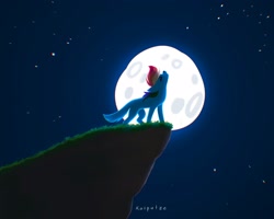 Size: 2048x1638 | Tagged: safe, artist:katputze, rainbow dash, wolf, g4, awoo, cliff, eyes closed, female, full moon, howling, moon, night, nose in the air, solo, species swap, wolfified