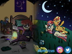 Size: 3508x2631 | Tagged: safe, artist:memprices, moondancer, sunset shimmer, trixie, human, pony, unicorn, equestria girls, g4, bed, bedroom, book, clothes, commission, complex background, cutie mark poster, dark background, equestria girls-ified, flower, frown, glasses, grass, high res, hill, kirby, kirby (series), lamp, looking up, messy, moon, nightstand, open mouth, open smile, pants, pillow, plushie, pointing, pony plushie, reading, sad, signature, smiling, snow globe, social media, starry night, stars, sweater, sweatpants, trixie plushie