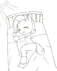 Size: 570x710 | Tagged: safe, artist:auntie_grub, pony, unicorn, semi-anthro, arm hooves, bed, clothes, eyes closed, female, horn, jacket, mare, sleeping, solo