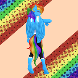 Size: 2048x2048 | Tagged: safe, artist:kikonoraster, rainbow dash, pegasus, anthro, unguligrade anthro, g4, blushing, clothes, equestria girls outfit, female, from behind, high res, implied tail hole, leggings, looking at you, looking back, looking back at you, looking over shoulder, smiling, solo, tank top