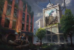 Size: 2997x2036 | Tagged: safe, artist:nemo2d, princess celestia, oc, alicorn, human, pony, unicorn, fanfic:friendship is optimal, backpack, book cover, building, car, city, cover, cover art, duo, fanfic art, graffiti, mural, overgrown, post-apocalyptic, propaganda, ruins, tree