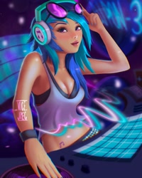 Size: 1890x2362 | Tagged: safe, artist:vicejpeg, dj pon-3, vinyl scratch, human, g4, bare shoulders, bra, breasts, busty vinyl scratch, clothes, female, headphones, humanized, looking at you, midriff, rave, signature, sleeveless, smiling, solo, sunglasses, tank top, tattoo, turntable, underwear