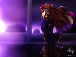 Size: 2048x1536 | Tagged: safe, artist:zeng_shuai_qi, sunset shimmer, human, equestria girls, clothes, dated, female, headphones, jacket, plaid skirt, signature, skirt, solo