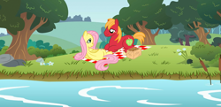 Size: 2100x1013 | Tagged: safe, artist:tprinces, edit, big macintosh, fluttershy, earth pony, pegasus, pony, g4, 2012, basket, cropped, female, looking at each other, looking at someone, lying, lying down, male, mare, picnic, picnic basket, picnic blanket, ponyloaf, prone, river, ship:fluttermac, shipping, smiling, smiling at each other, stallion, straight, stream, water