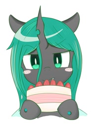 Size: 516x686 | Tagged: safe, artist:auntie_grub, queen chrysalis, changeling, changeling queen, g4, anime, blush sticker, blushing, cake, cute, cutealis, female, food, hoof hold, horn, mare, simple background, solo, white background