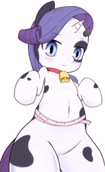 Size: 579x949 | Tagged: safe, artist:auntie_grub, rarity, cow, cow pony, pony, unicorn, g4, bell, bipedal, cowbell, female, horn, looking at you, looking down, looking down at you, mare, measuring tape, raricow, simple background, solo, species swap, white background