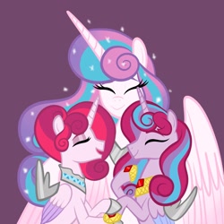 Size: 2048x2048 | Tagged: safe, artist:chelseawest, princess flurry heart, oc, oc:mi amore rose heart, oc:mi amore ruby heart, alicorn, pony, g4, adult, alicorn oc, cuddling, female, grandmother, grandmother and grandchild, grandmother and granddaughter, high res, horn, mother and child, mother and daughter, offspring, offspring's offspring, older, older flurry heart, parent:oc:glimmering shield, parent:oc:mi amore rose heart, parent:oc:silk tie, parent:princess flurry heart, parents:canon x oc, parents:oc x oc, petalverse, wings