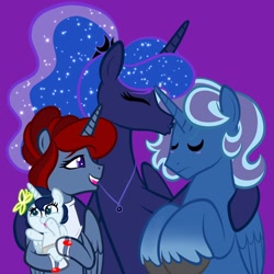 Size: 2048x2048 | Tagged: safe, artist:chelseawest, princess luna, oc, oc:bloodmoon, oc:moonshine, oc:moonstone, alicorn, butterfly, pony, g4, alicorn oc, baby, baby pony, descendant, father and child, father and daughter, female, flying, foal, forehead kiss, grandchild, grandfather, grandfather and grandchild, grandfather and granddaughter, grandmother and grandchild, grandmother and granddaughter, great grandchild, great granddaughter, great grandmother, high res, hologram, horn, kissing, male, maternaluna, mother and child, mother and son, offspring, offspring's offspring, parent:oc:bloodmoon, parent:oc:blue moon, parent:oc:melody sweet, parent:oc:moonstone, parent:oc:platinum lune, parent:princess luna, parents:canon x oc, parents:oc x oc, petalverse, wings