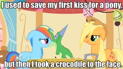 Size: 960x540 | Tagged: safe, edit, edited screencap, screencap, applejack, gummy, rainbow dash, alligator, earth pony, pegasus, pony, g4, party of one, apple bobbing, arrow in the knee (meme), caption, female, first kiss, image macro, impact font, meme, text, wet