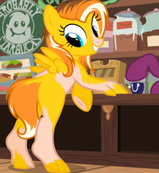 Size: 1317x1438 | Tagged: safe, anonymous artist, artist:anonymous, oc, oc:epic smiles, unnamed oc, pegasus, pony, /ptfg/, blank flank, brown hair, coffee, coffee mug, female, grin, human to pony, indoors, male to female, mare, mid-transformation, mug, rule 63, show accurate, smiling, solo focus, starbucks, transformation