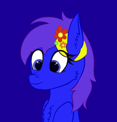 Size: 1300x1350 | Tagged: safe, artist:windy, oc, oc only, oc:spacer rhythmic, pony, blue background, blue eyes, bust, cheek fluff, chest fluff, colored, cute, ear fluff, female, flat colors, flower, flower in hair, mare, simple background, smiling, solo, two toned mane, upper body