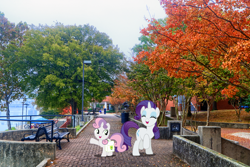 Size: 1500x1000 | Tagged: safe, artist:dashiesparkle, artist:mlplover94, rarity, sweetie belle, pony, unicorn, g4, arkansas, bag, bench, duo, eyes closed, female, filly, foal, irl, little rock, mare, open mouth, outdoors, photo, ponies in real life, raised hoof, saddle bag, siblings, sisters, smiling