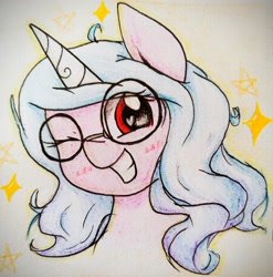 Size: 2622x2653 | Tagged: safe, artist:twiliset, izzy moonbow, pony, unicorn, g5, spoiler:g5, cute, female, glasses, heart eyes, high res, horn, mare, red eyes, simple background, smiling, solo, traditional art, wingding eyes, wrong eye color
