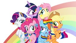 Size: 1280x723 | Tagged: safe, artist:joburii, applejack, fluttershy, pinkie pie, rainbow dash, rarity, twilight sparkle, alicorn, earth pony, pegasus, pony, unicorn, g4, applejack's hat, asexual pride flag, bisexual pride flag, cape, choker, clothes, cowboy hat, eyeshadow, face paint, female, flower, gay pride flag, grin, hat, lesbian pride flag, makeup, mane six, mare, mouth hold, nonbinary, nonbinary pride flag, open mouth, pansexual pride flag, pride, pride flag, rainbow, rose, shutter shades, simple background, smiling, sunglasses, trans female, trans fluttershy, transgender, transparent background, twilight sparkle (alicorn), unlabeled pride flag