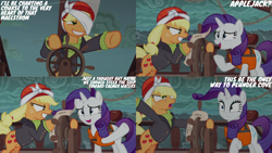 Size: 1280x720 | Tagged: safe, edit, edited screencap, editor:quoterific, screencap, applejack, rarity, earth pony, pony, unicorn, g4, ppov, season 6, applejack is best facemaker, boat, captain jackbeard, duo, female, grin, lifejacket, mare, open mouth, open smile, smiling, text