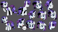 Size: 4096x2247 | Tagged: safe, artist:_ton618_, rarity, pony, unicorn, g4, :p, commonity, expressions, frown, gray background, grin, looking at you, multeity, open mouth, raspberry, simple background, smiling, smirk, solo, speech bubble, talking, tongue out, wide eyes