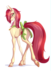 Size: 3200x4488 | Tagged: safe, artist:satan, roseluck, earth pony, pony, g4, bow, butt, chest fluff, collar, commission, commissioner:doom9454, concave belly, cute, female, high res, long legs, long tail, looking at you, looking back, looking back at you, mare, pet collar, pet tag, plot, pony pet, rosebutt, rosepet, skinny, solo, tail, tail bow, thin