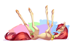 Size: 4800x3200 | Tagged: safe, artist:satan, roseluck, earth pony, pony, g4, collar, commission, commissioner:doom9454, concave belly, cute, eyes closed, female, high res, long legs, lying down, mare, on back, pet collar, pet tag, pillow, pony pet, rosepet, skinny, solo, stretching, tail, thin