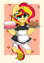 Size: 2809x3976 | Tagged: safe, artist:kittyrosie, sunset shimmer, unicorn, semi-anthro, g4, arm hooves, blushing, cake, clothes, cute, food, heart, heart eyes, high res, maid, muffin, shimmerbetes, solo, wingding eyes