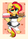 Size: 2809x3976 | Tagged: safe, artist:kittyrosie, sunset shimmer, unicorn, semi-anthro, blushing, cake, clothes, cute, food, maid, muffin, shimmerbetes
