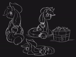 Size: 2650x2001 | Tagged: safe, artist:applephil, applejack, earth pony, pony, g4, apple, black and white, black background, both cutie marks, bucket, cowboy hat, female, food, grayscale, hat, high res, looking at something, looking at you, looking back, looking back at you, lying down, mare, monochrome, prone, simple background, sitting, sketch, sketch dump, solo