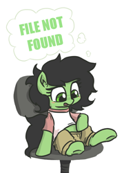 Size: 506x704 | Tagged: safe, artist:plunger, oc, oc only, oc:filly anon, earth pony, pony, 404, blushing, chair, clothes, ear fluff, earth pony oc, female, file not found, filly, foal, http status code, implied vulva, looking down, mare, office chair, open mouth, pants, shirt, simple background, sitting, solo, t-shirt, thought bubble, white background