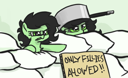 Size: 586x360 | Tagged: safe, artist:plunger, oc, oc:filly anon, earth pony, pony, earth pony oc, female, filly, foal, hat, mare, open mouth, pillow, pillow fort, pointing, pot, sign