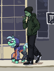 Size: 496x656 | Tagged: safe, artist:plunger, lyra heartstrings, oc, oc:anon, human, pony, unicorn, g4, beanie, beanie hat, cigarette, clothes, drawthread, duo, female, glasses, hat, holding, hoodie, human male, male, mare, ponified, smiling, smoking, walking