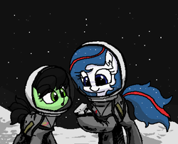 Size: 417x339 | Tagged: safe, artist:plunger, edit, oc, earth pony, pony, 4chan, :o, cute, duo, earth pony oc, eye clipping through hair, female, filly, foal, hoof hold, mare, moon, moon rock, open mouth, rock, smiling, space, spacesuit, stars