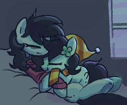 Size: 562x462 | Tagged: safe, artist:plunger, oc, oc only, oc:filly anon, earth pony, pony, bags under eyes, bed, clothes, clover, cuddling, cute, earth pony oc, eyes closed, female, filly, foal, four leaf clover, hat, hoodie, lying down, lying on bed, nightcap, on bed, scarf, sleeping, underhoof, window
