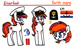 Size: 772x487 | Tagged: safe, artist:plunger, oc, oc only, oc:silverfoot, earth pony, pony, cute, cutie mark, earth pony oc, female, hat, mare, reference sheet, simple background, smiling, solo, standing, white background
