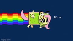 Size: 360x202 | Tagged: safe, artist:syrupyyy, editor:fluttershyisnot adoormat, fluttershy, pegasus, pony, antonymph, cutiemarks (and the things that bind us), g4, animated, clothes, cute, female, fluttgirshy, gir, hoodie, invader zim, mare, meme, nyan cat, rainbow, shyabetes, vylet pony
