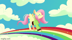 Size: 360x202 | Tagged: safe, artist:syrupyyy, editor:fluttershyisnot adoormat, fluttershy, pegasus, pony, antonymph, pink fluffy unicorns dancing on rainbows, ^^, animated, clothes, cloud, cute, eyes closed, female, fluttgirshy, gif, gir, happy, hoodie, imgflip, jumping, mare, picture for breezies, rainbow, smiling, solo, sparkles, spread wings, vylet pony, wings